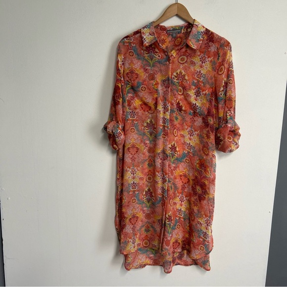 JESSICA LONDON Women’s 16W Long Tunic Colorful SHEER Roll Tab‎  Button Topper - Picture 3 of 15